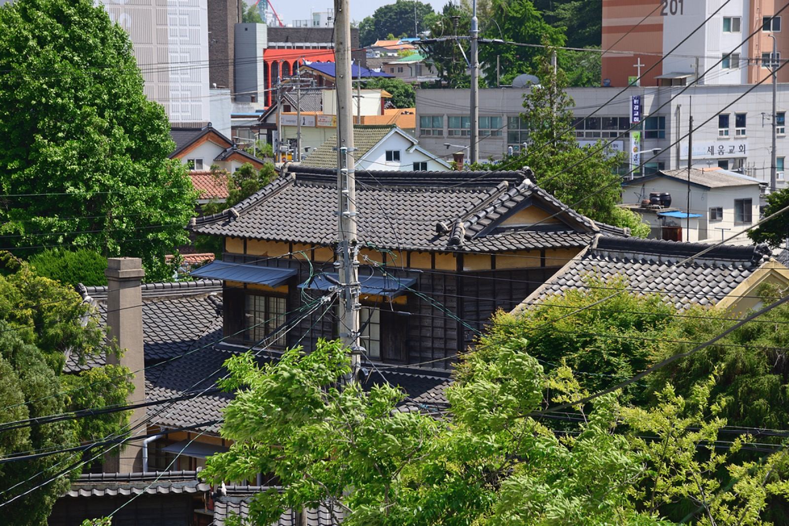 A preserved 1930s Japanese-style tiled house among trees in Gunsan's old colonial quarter