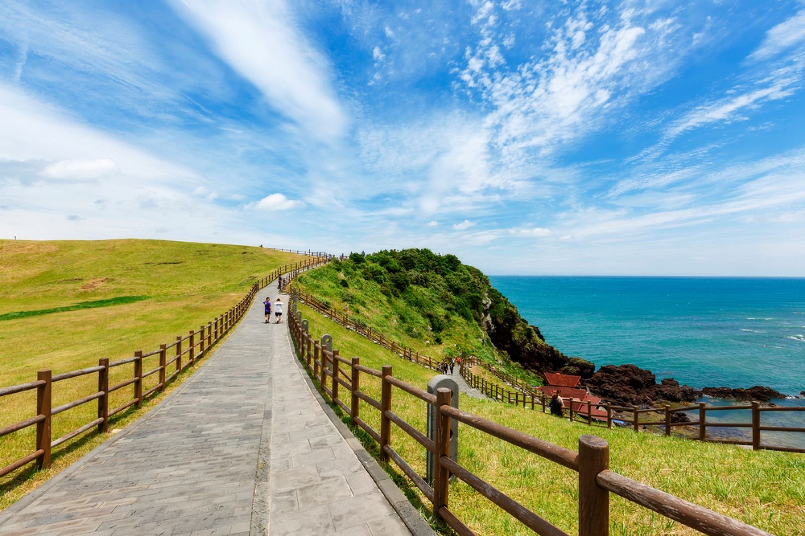 A paved coastal walking path along green cliffs beside the blue sea near Seongsan on Jeju