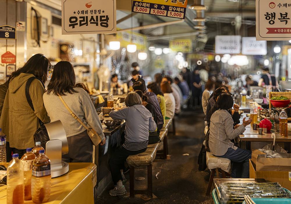 A spread of Korean market food and side dishes