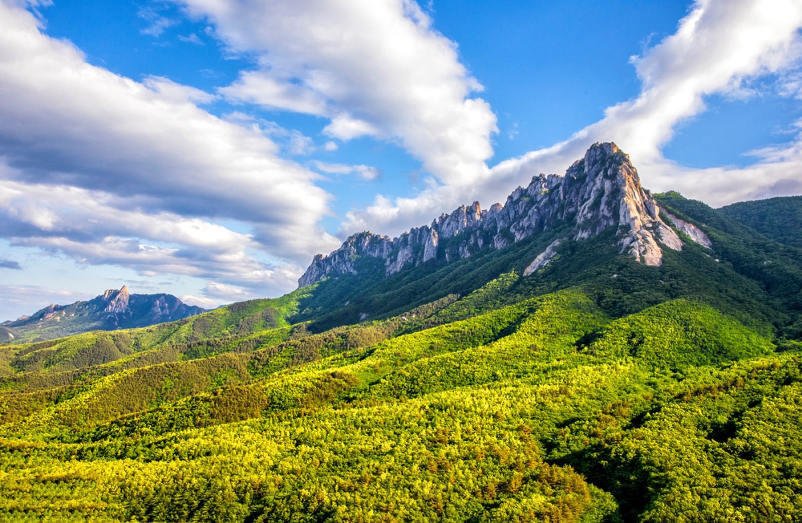 The granite ridge of Ulsanbawi rising above green forested hills in Seoraksan National Park