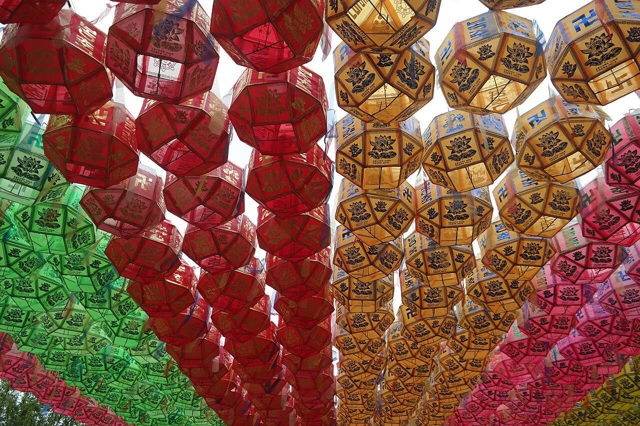 Colorful lotus lanterns hung at a Korean temple