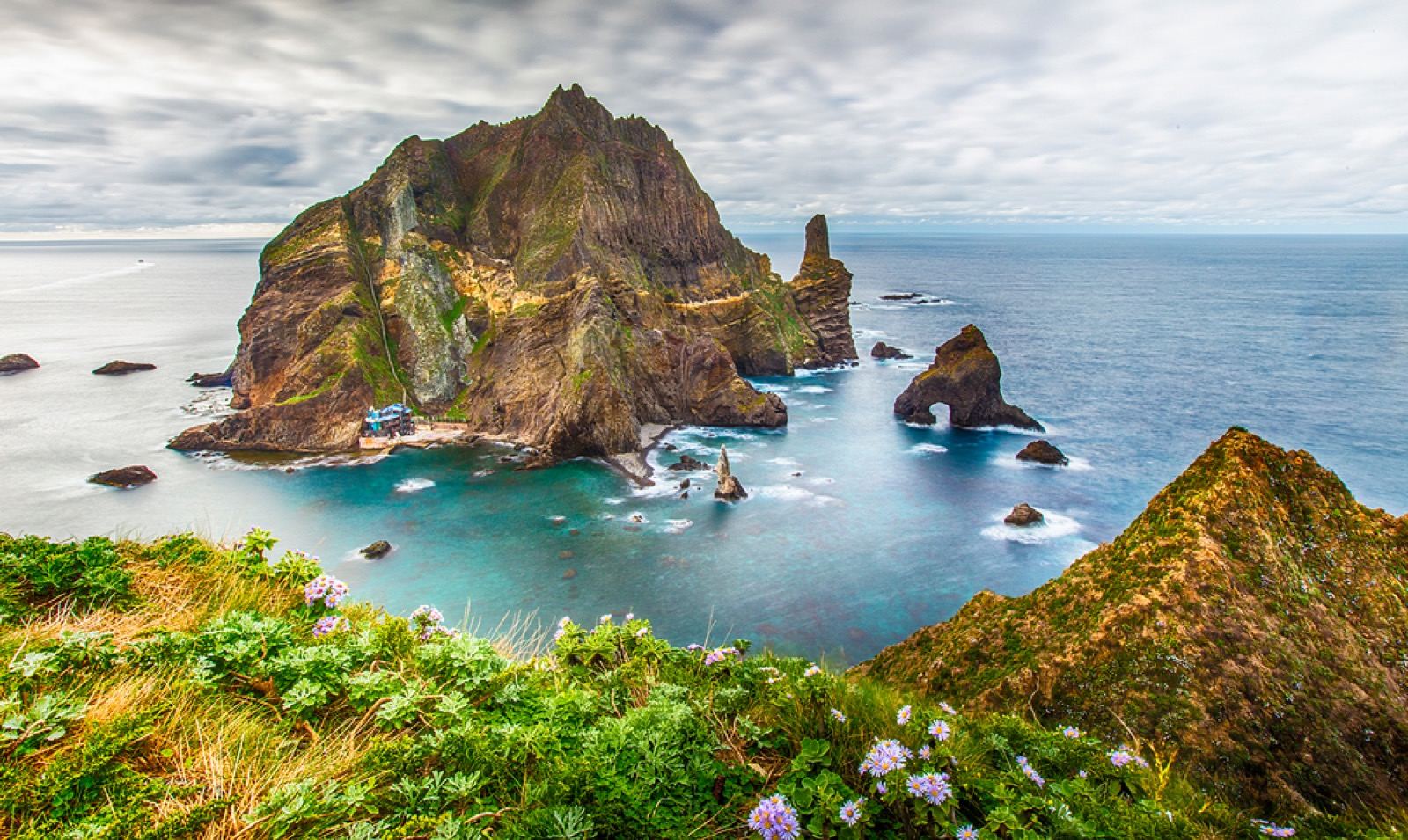 A dramatic rocky islet with sea arches and clear turquoise water, wildflowers in the foreground
