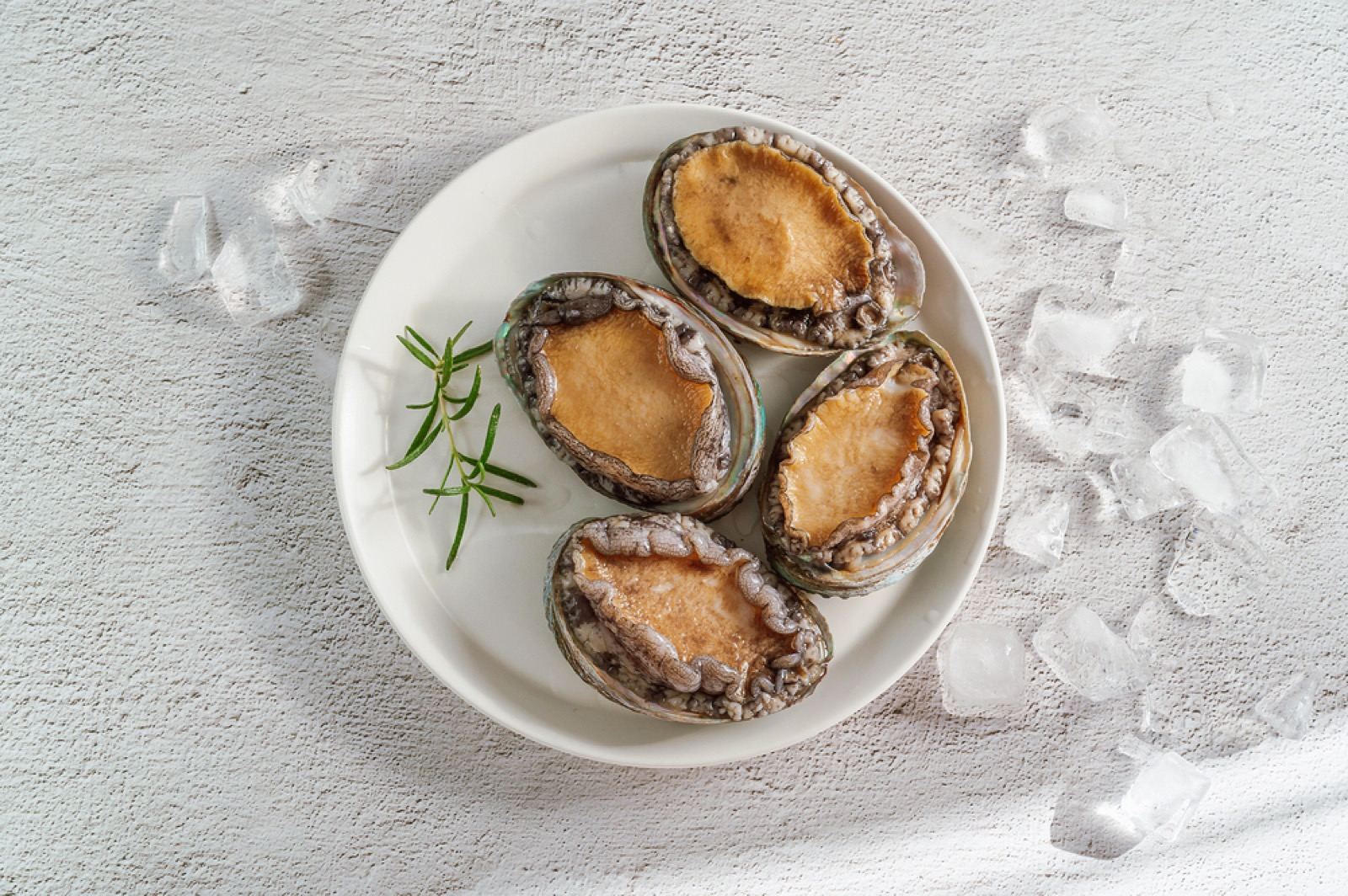 A plate of fresh raw abalone on ice, ready to eat, at Wando